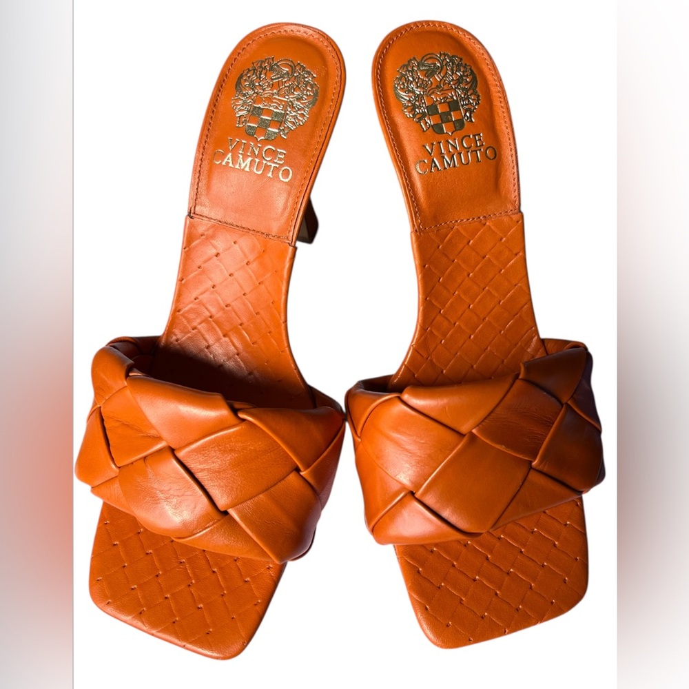 Vince Camuto Brelanie Orange Leather Woven Strap Dress Mule Heeled Sandal Size 8 - Picture 7 of 13